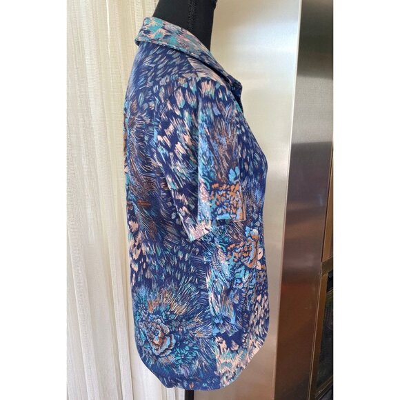Vintage 70s top, blue, tan, pink abstract pattern, short sleeves blouse - Picture 6 of 8